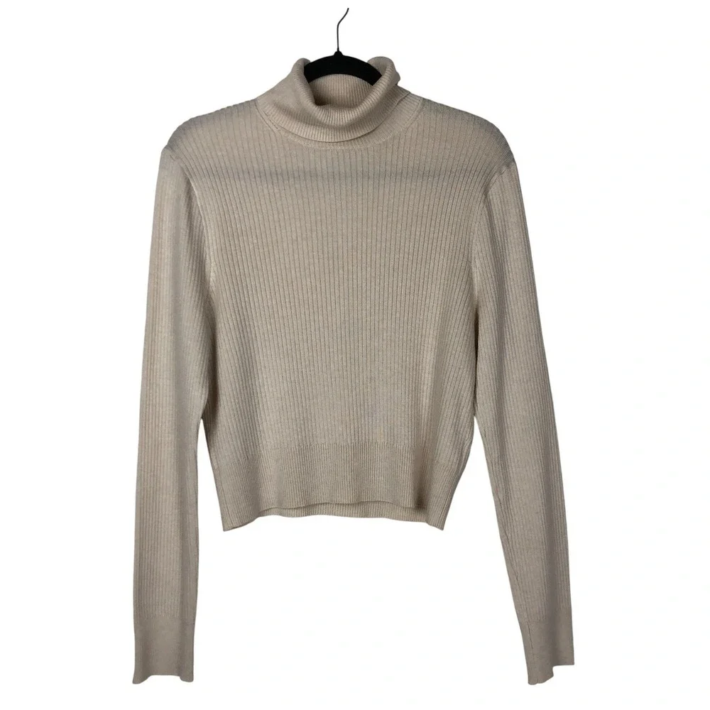 J. Crew Womens Ribbed Tencel Turtle Neck Sweater Size XL Ivory Classic Timeless‎